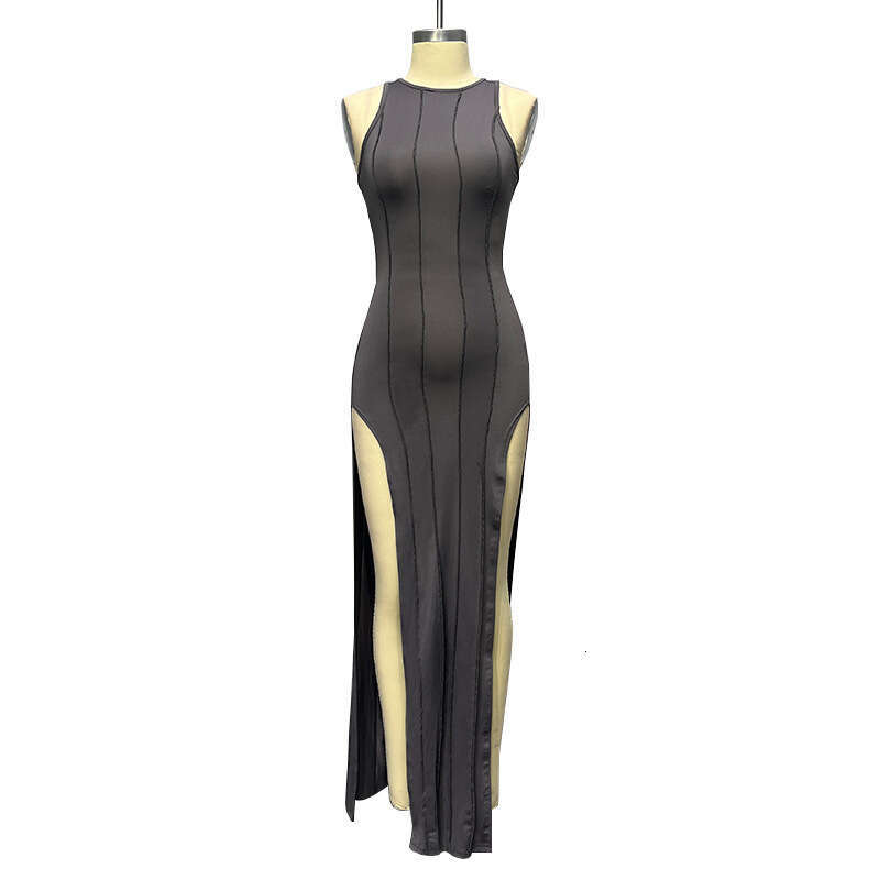 2024 autumn solid color round neck sleeveless long skirt with high slit and sexy slim fit dress