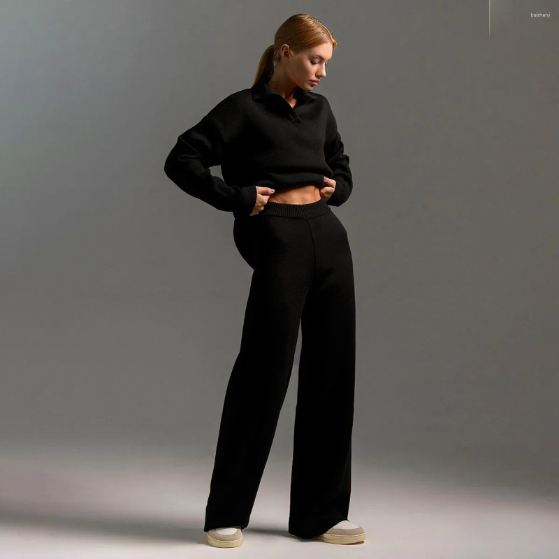 Women's Two Piece Pants Cross-border Knitted Set European And American Autumn Winter Sweater Polo Neck Jumper
