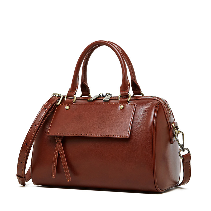 Winter New Genuine Leather Boston Pillow Bag, Fashionable Casual Handbag, Cowhide Single Shoulder Crossbody Women's Bag