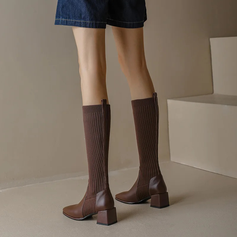 Womens knee high sock boots knitted elastic fabric PU stitched long boots womens square toe high heels 241213