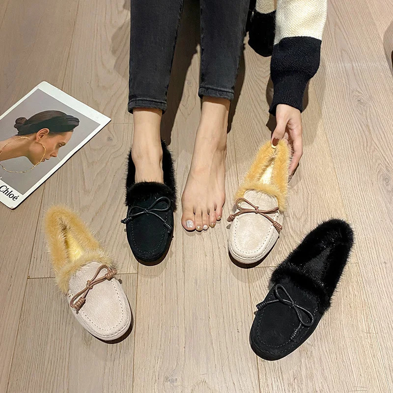 Classic Bowtie Mocasines Woman Mink Fur Flats Genuine Leather Shoes Ladies Winter Furry Boots Warm Plush Cotton Loafers Femmes 241202