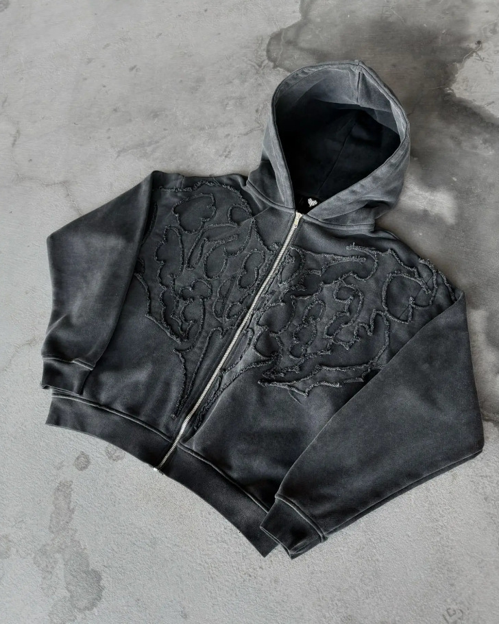 Retro Gothic Ghoul Graphic Embroidery Y2K Hoodie Mens Hip Hop Fashion Zipper Hoodie Autumn Street Costume Halloween Sweater 241105
