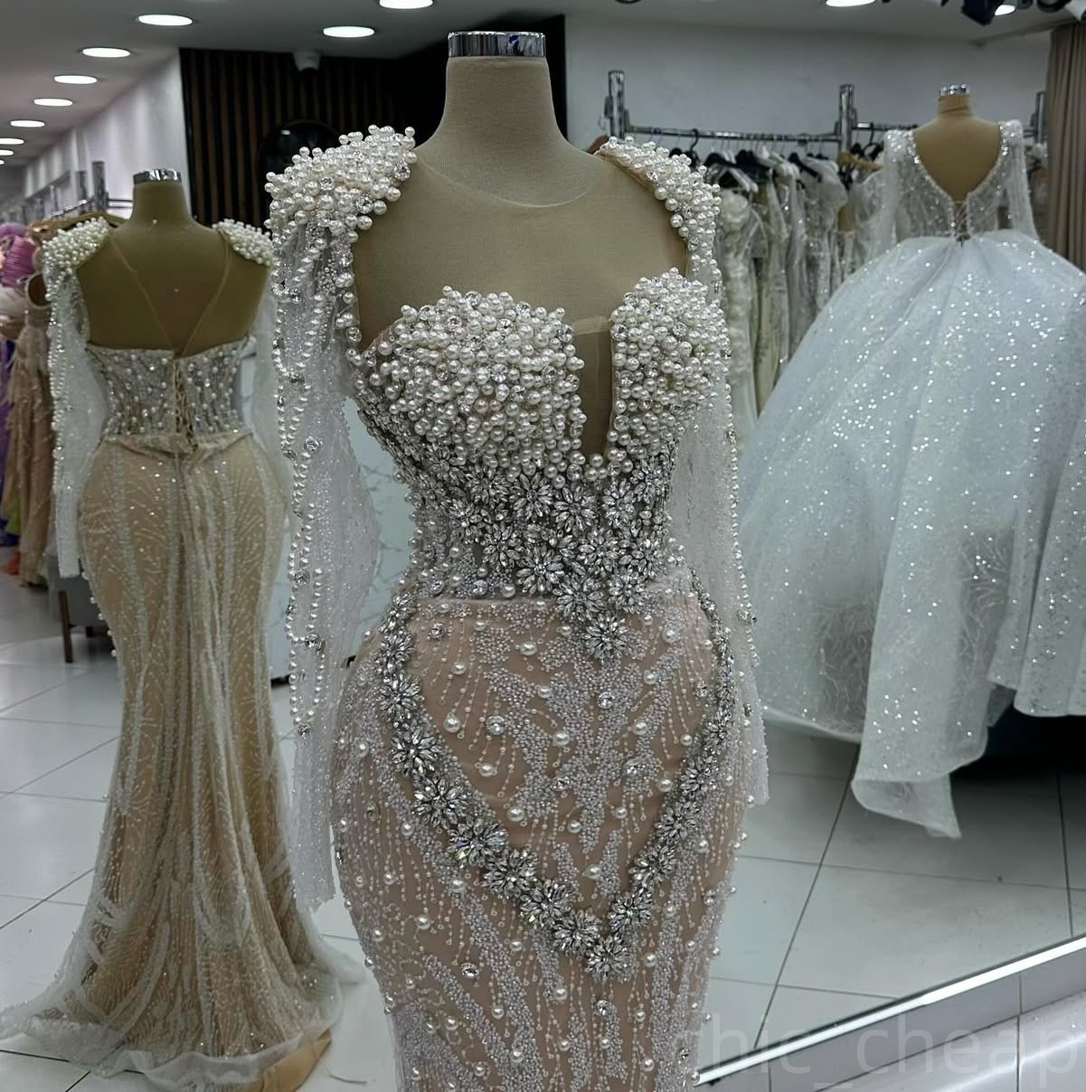 Ivory Illusion Mermaid Prom Dresses 2024 Pearls Rhinestones Evening Formal Party Second Birthday Engagement Gowns Plus Size Dress For Special Occasion