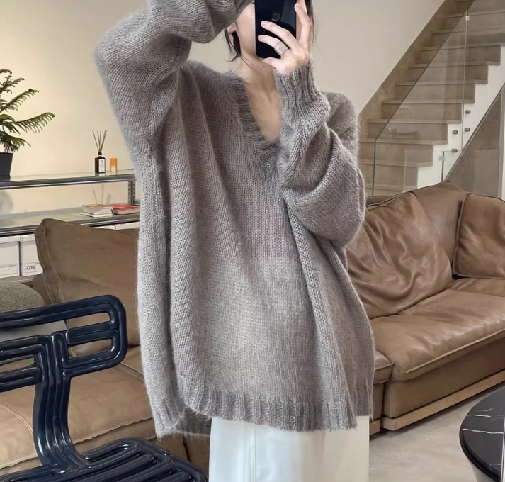 Women's Sweaters Autumn Warm Sweater Pullover With Big V-neck Simple And Loose Straight Tube Lazy Mohair Knitted Split Top