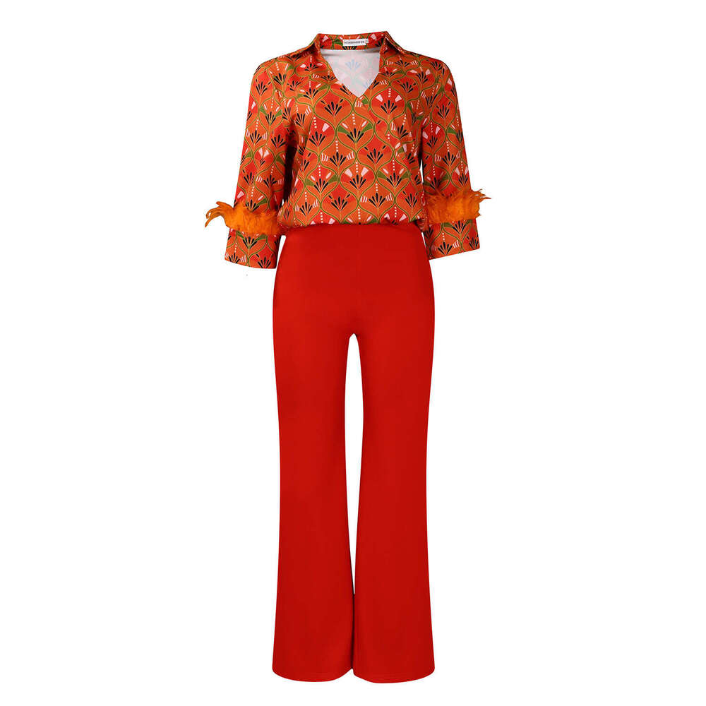 D541 women's printed long sleeved shirt with elegant temperament and wide leg pants fashion set