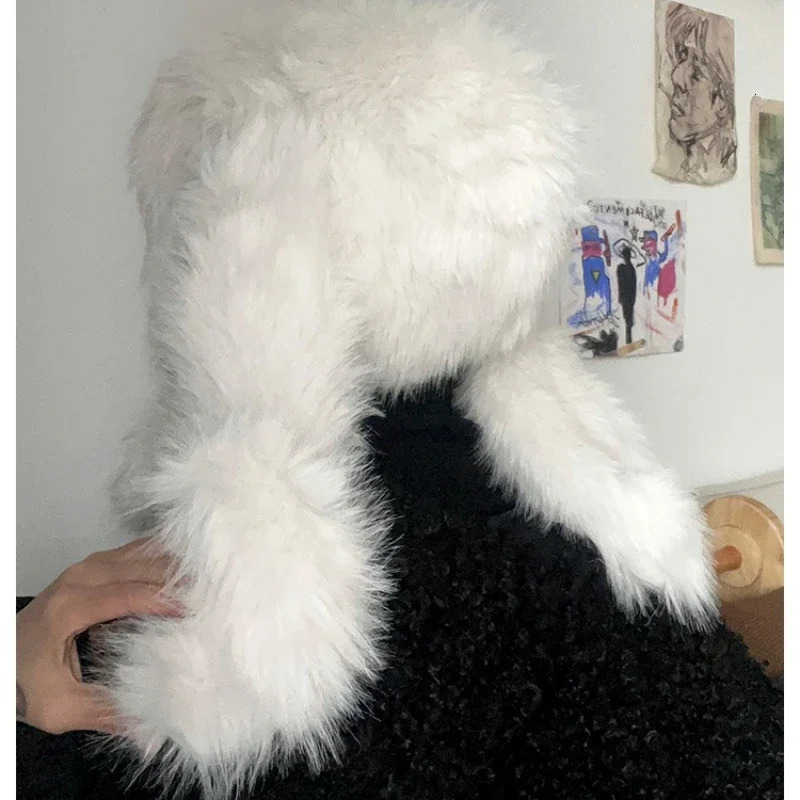Bonnie Bunny White Plush Rabbit Ear Hat Women Winter Cute Warm Balaclava Scarf Integrated Neck Protection Neck Cover Hat Beanies 241203