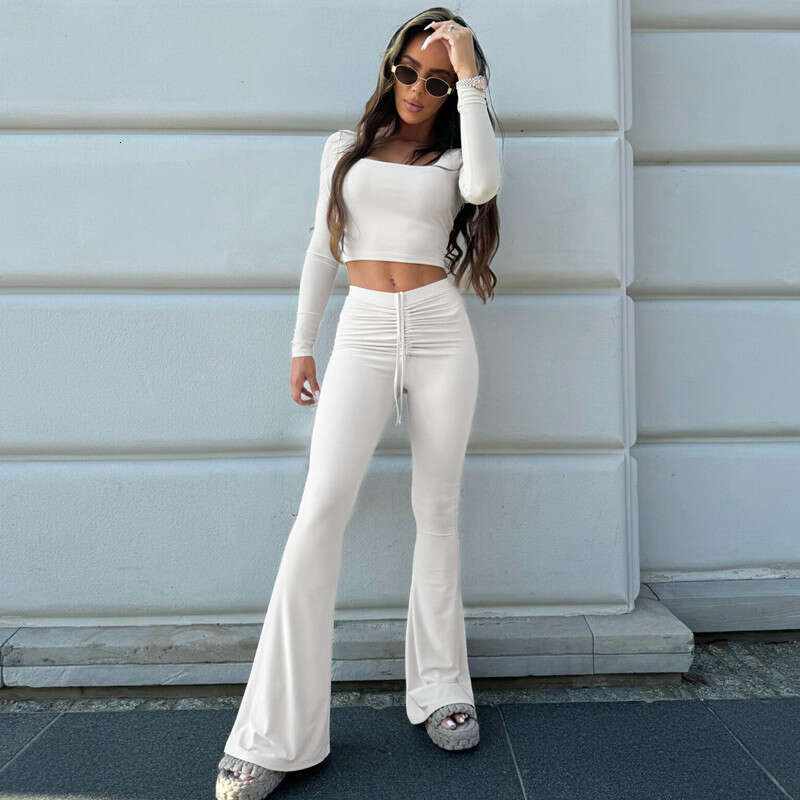 2024 Winter New Product Fashion Solid Color Long Sleeve Top Drawstring Wrinkle Horn Pants Set for Women