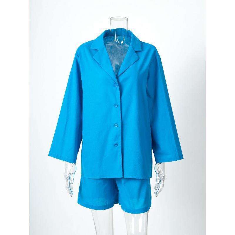 Cotton and linen shorts set, women's loose collared single breasted shirt+high waisted straight leg pants fashion set