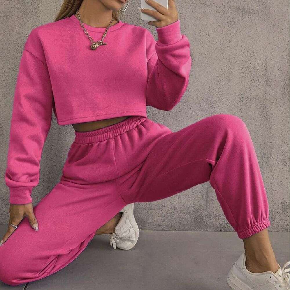 Autumn winter solid color round neck pullover pants, casual and fashionable long sleeved hoodie set, waffle new style