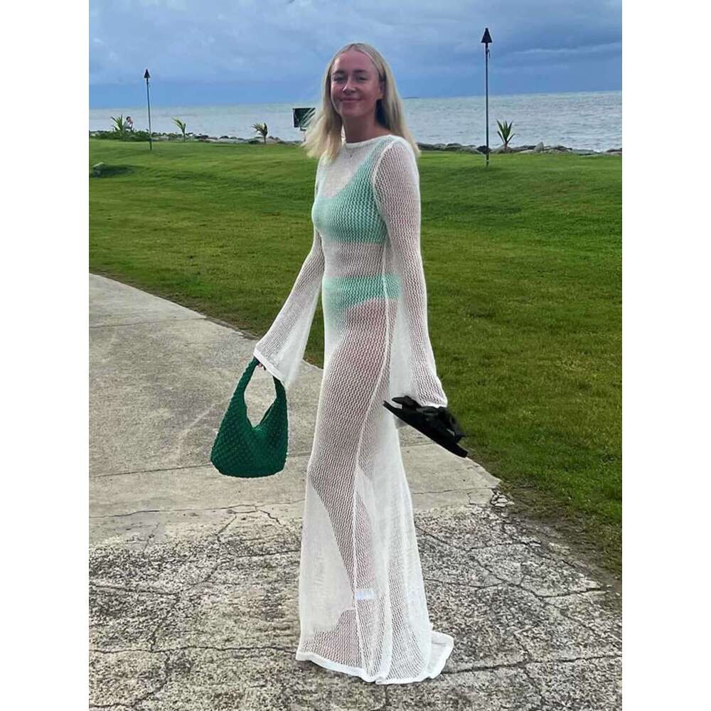 Round neck for women, elegant beach sun protection party, 2024 summer long sleeved sexy backless dress