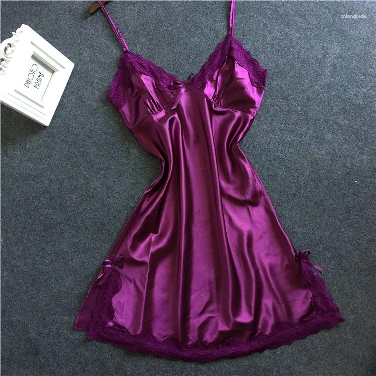 Women's Sleepwear Women Satin Sexy Bowknot Chemises Sleepdress Lace Panel V Neck Babydolls Charming Night Dress Solid Sling Lingerie Pijama