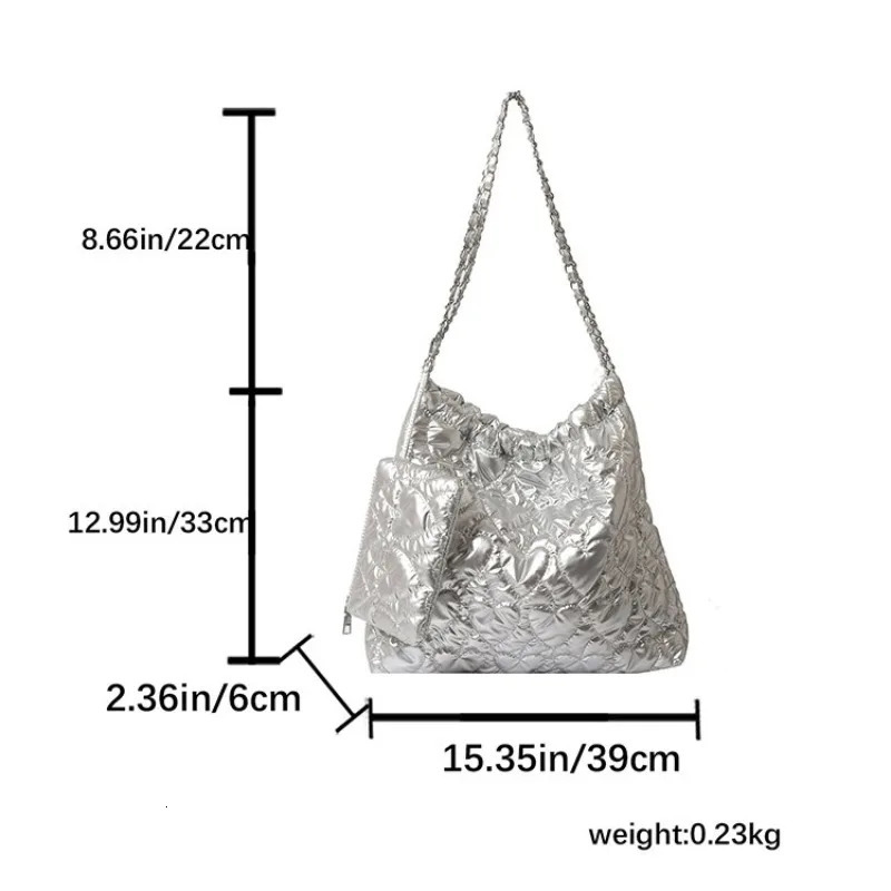 Autumn Winter Quilted Diamond Womens Silver Shoulder Bag Fashion Y2K Soft Bucket Tote Bag Trends Handbags and Purses 241202