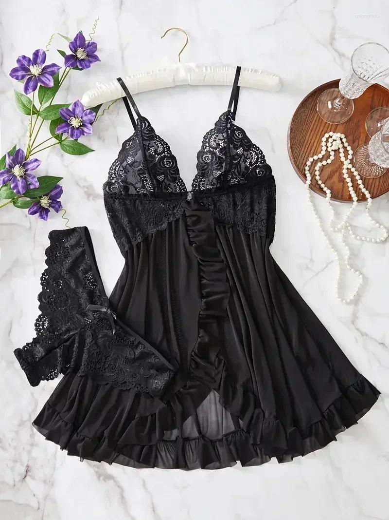 Women's Sleepwear Women Nightdress Sexy Lace Chemise Bow Nightgown Solid Slim Soft Dresses V Neck Full Slip &