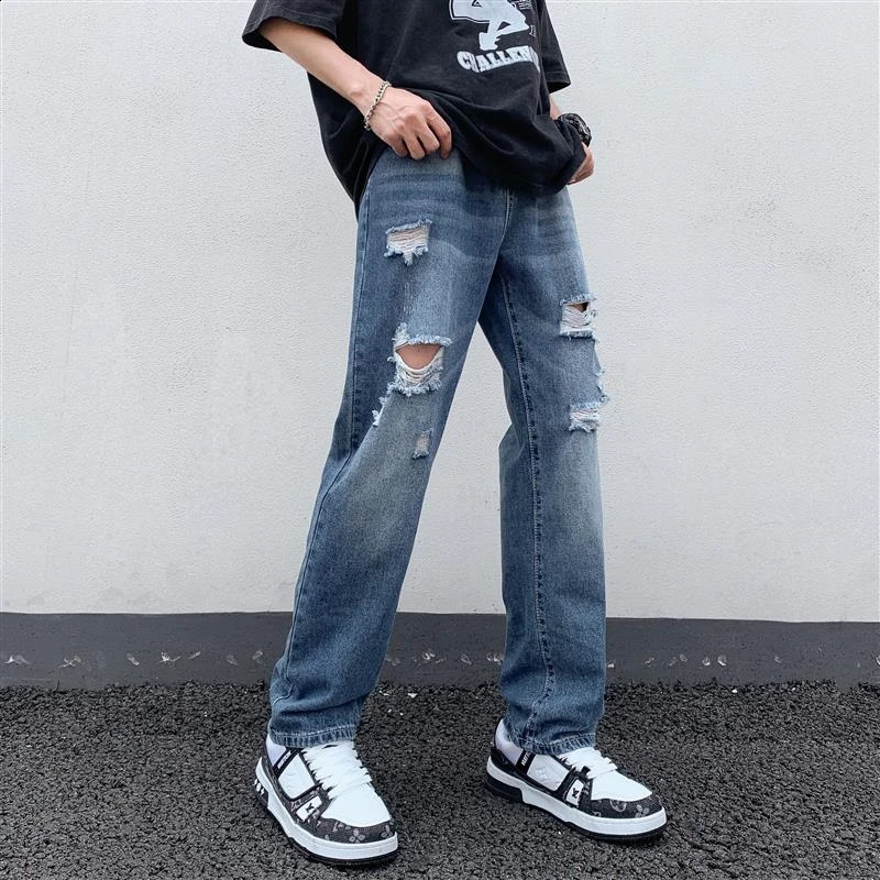 Mens open top denim jeans ripped straight casual street pants Hipster High Street Blue Pants 241203