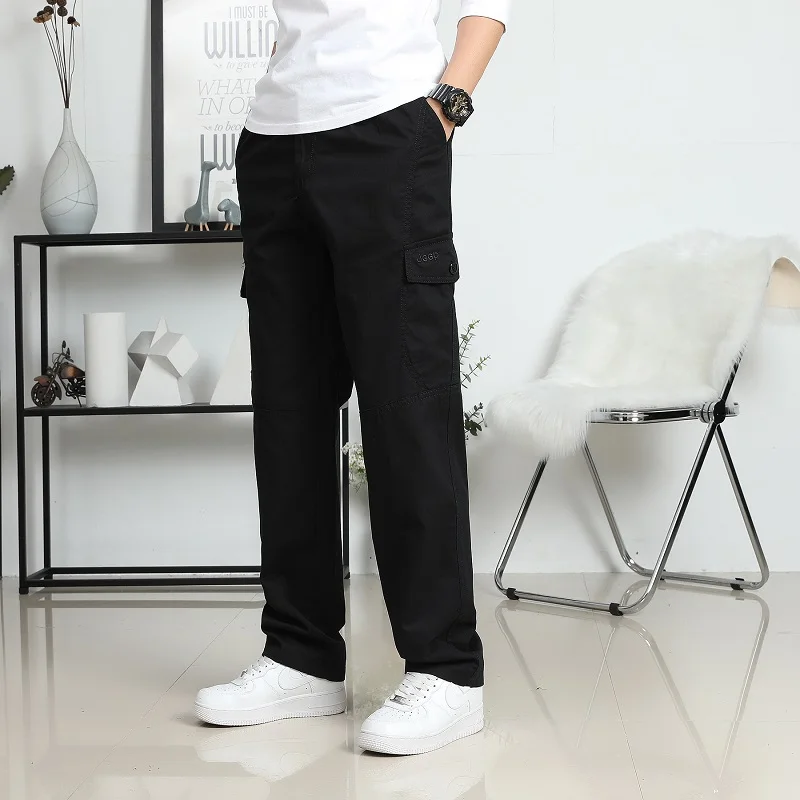 Large Size Men's Cargo Trousers Straight Leg Work Pant Men Loose Fit Cotton Wide Overalls Male Side Multi Pocket Plus Size 6XL Bottom