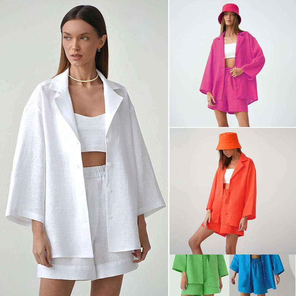 Cotton and linen shorts set, women's loose collared single breasted shirt+high waisted straight leg pants fashion set