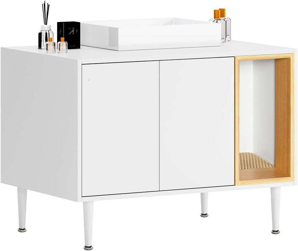AMZOSS 2 in 1 Vanity Enclosure, Bathroom Litter Box Furniture Hidden with Double Door and Divider, Wooden Cat Washroom Furniture, Traditional Under Si