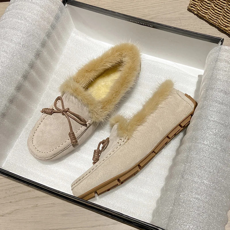 Classic Bowtie Mocasines Woman Mink Fur Flats Genuine Leather Shoes Ladies Winter Furry Boots Warm Plush Cotton Loafers Femmes 241202