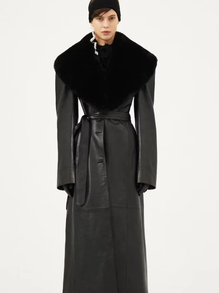 Womens XLong Leather Trench Coats Faux Fur Trim Collar Belted On Waist Slim Sheep Skin Black Coat Streetwea 241202