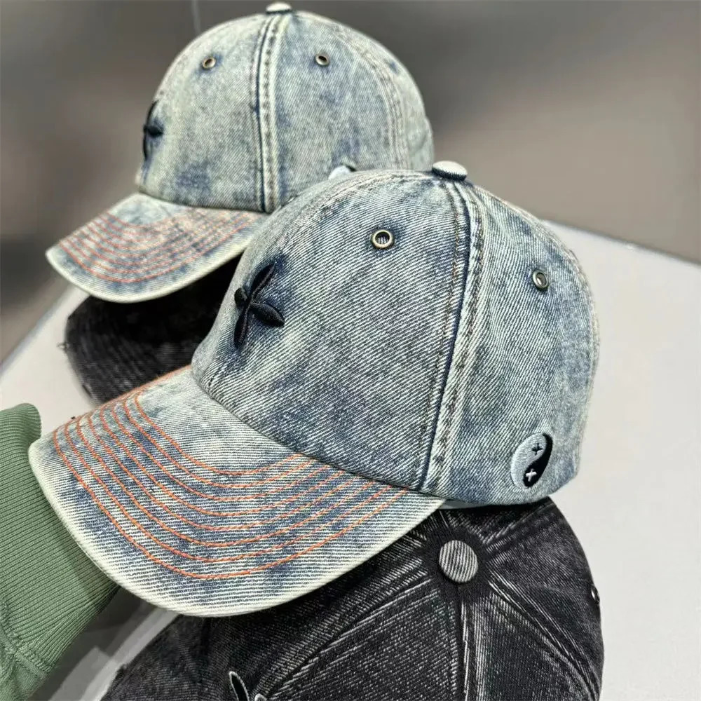 Flora Cheong Leens denim cross embroidered baseball cap in the same style female couple toe cap male Smfk torn Distressed hat 241203