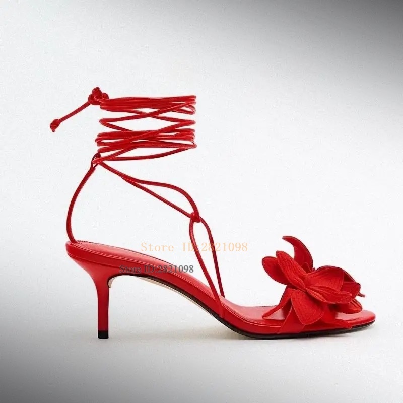 Hot Pure Red Wers Thin Heeled High Heel Sandals Women Round Toe Lace Up Tassel Summer Party Shoes