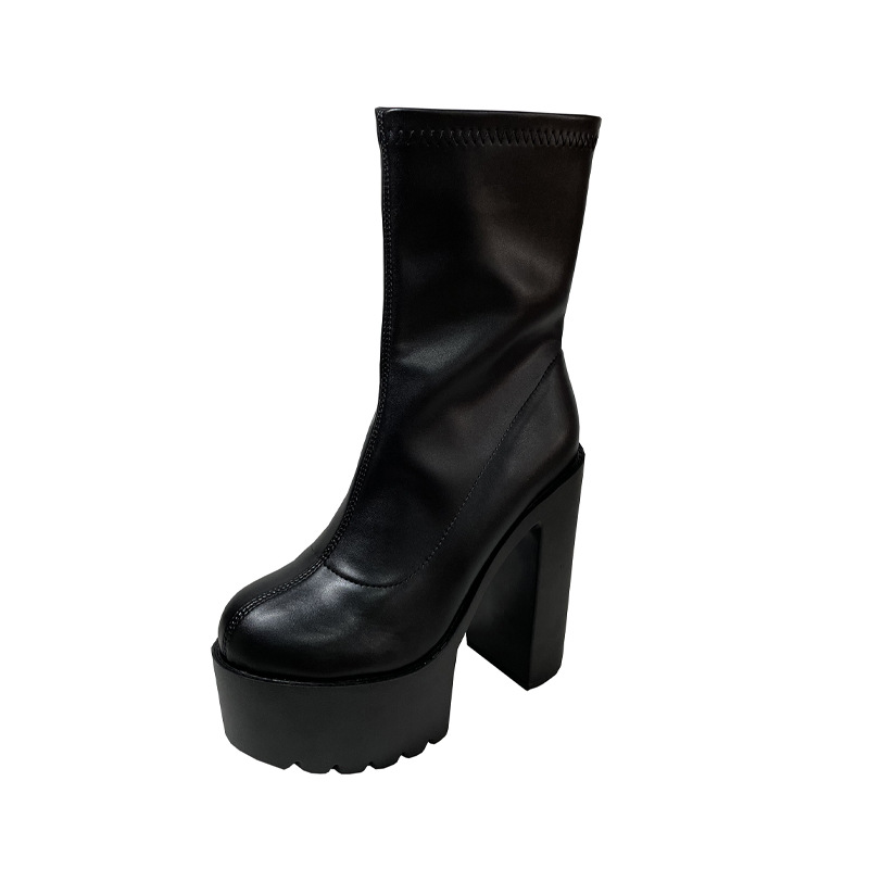 SZIE 43 Winter Chunky High Heels Platform Ankle Women Boots Stretch Fabric Round Toe Zipper Female Shoes