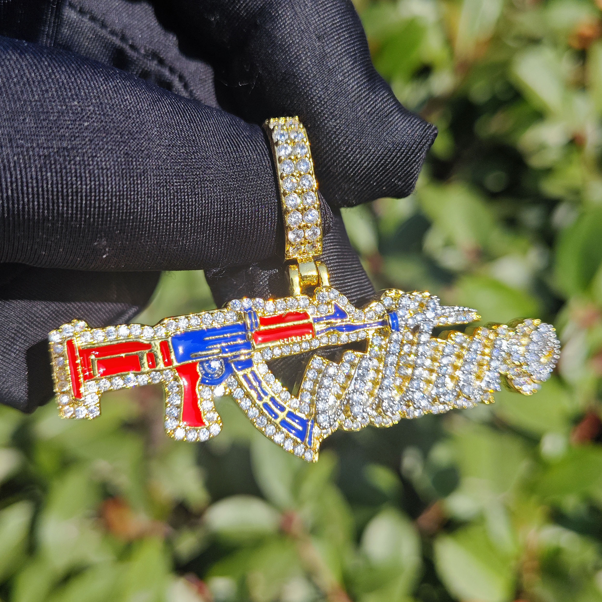 Hip Hop AK47 Gun Pendant Necklace 18K Gold Plated Colorful 5A Cubic Zirconia Rap Jewelry