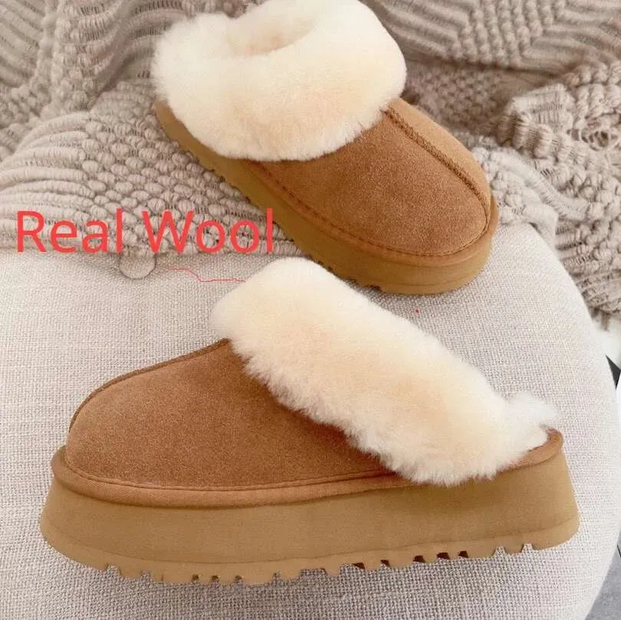 Winter Platform Real Wool Slippers Women Outdoor Home Mule Slipper 2023 Natural Sheep Fur Non-slip Flat Cotton Shoes Korea