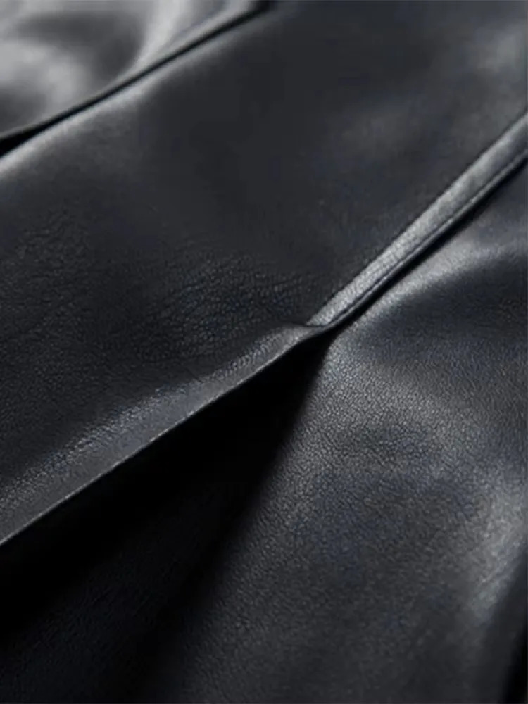 Lautaro Autumn Fitted Coffee Skirted Pu Leather Blazer Jacket Women Long Sleeve Double Breasted High Quality European Fashion 241202