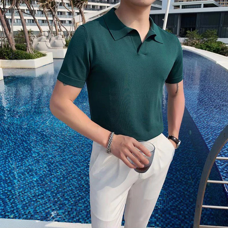 Summer mens knitted V-neck ultra-thin polo shirt Korean streetwear fashion short sleeved business casual edition top 241203