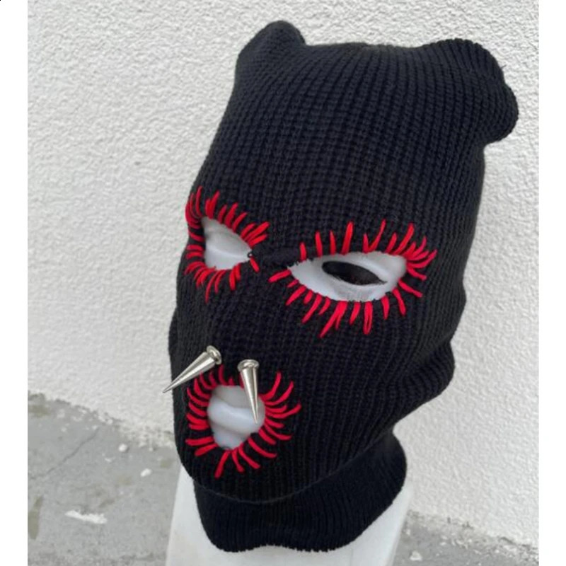 Devil Horn Halloween Knitted Hat Beanies Warm Full Face Cover Ski Mask Hat Windproof Balaclava Hat for Men Womens 241203
