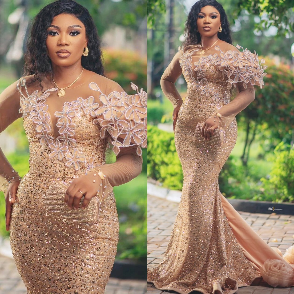 Gold Illusion Mermaid Prom Dresses 2024 Florals Full Sleeves Sequined Evening Formal Party Second Birthday Engagement Gowns Plus Size Dress For Specia