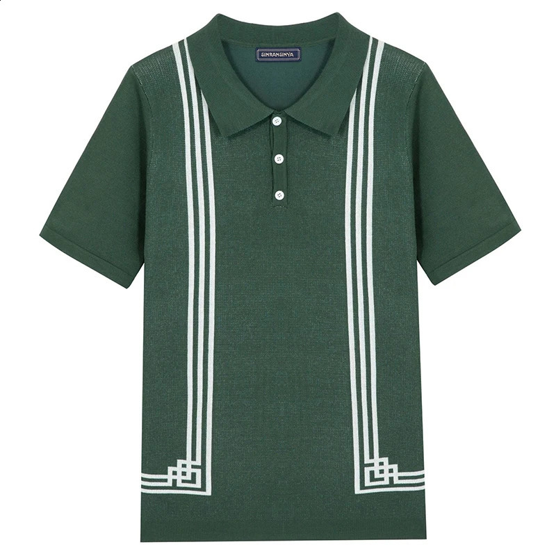 Summer clothing mens knitted short sleeved polo shirt retro lapel buckle patch work fashion business casual knitting 241203
