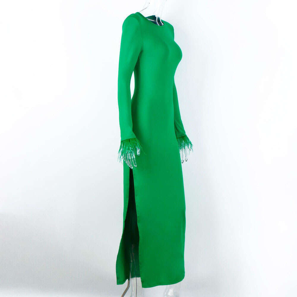 2023 style women's spring fashion temperament round neck solid color slim fit ostrich fur long sleeved dress