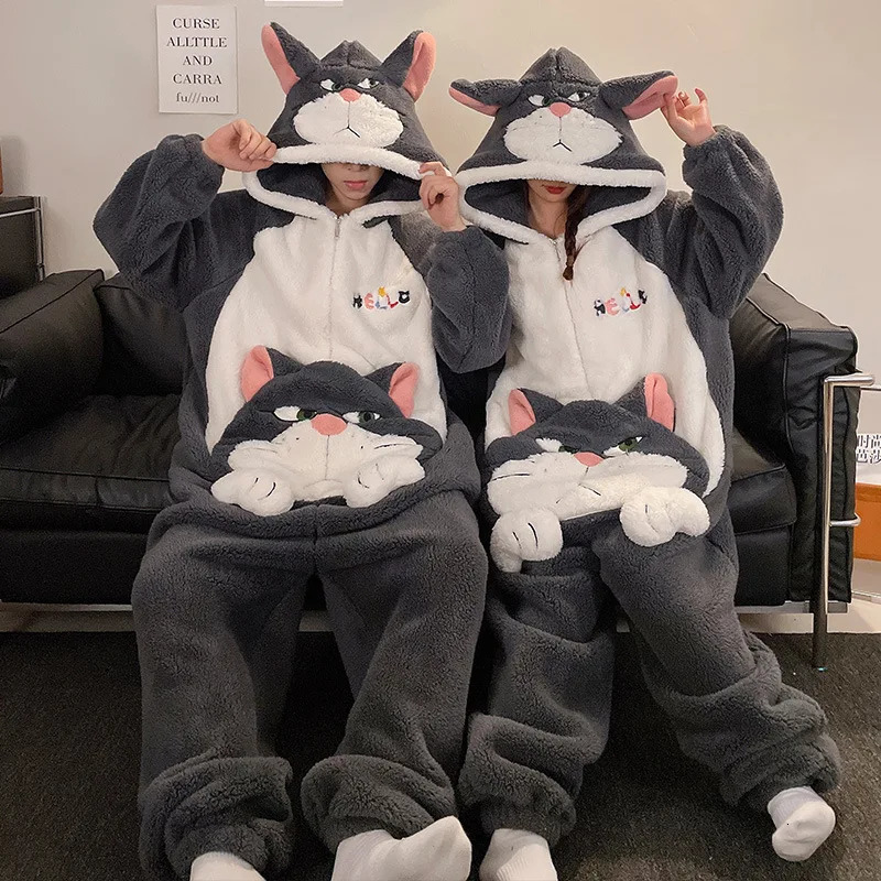 Kigurumi Cat Onesie Winter Warm Pajamas Womens Pajamas Thick Couple Pajamas Cartoon Pajamas Womens Hoodies Pajamas