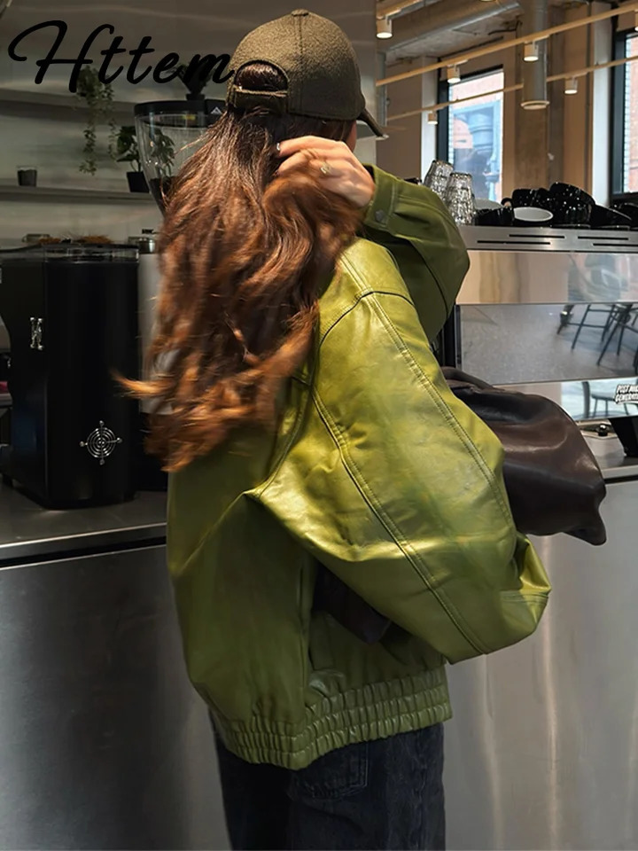 Green PU Leather Womens Jacket Loose Lapel Full Sleeves Button Female Overcoat 2024 Autumn Winter Solid Street Lady Outwear 241202