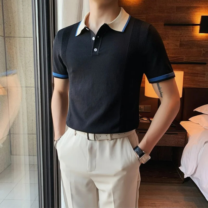 High quality Korean fashion trend panel polo shirt mens lapel button youthful and energetic casual edition short sleeved knitted top 241203