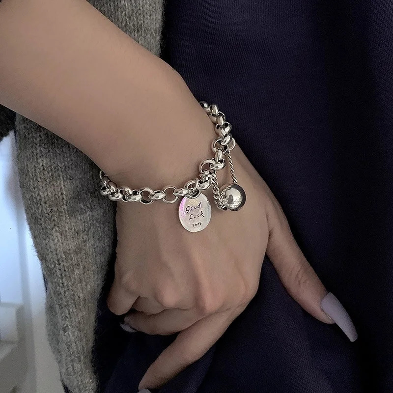 925 Sterling Silver Ball Pendant Tag Charms Bracelet for Women Vintage Thick Chain Hip Hop Bracelet Jewelry 241203