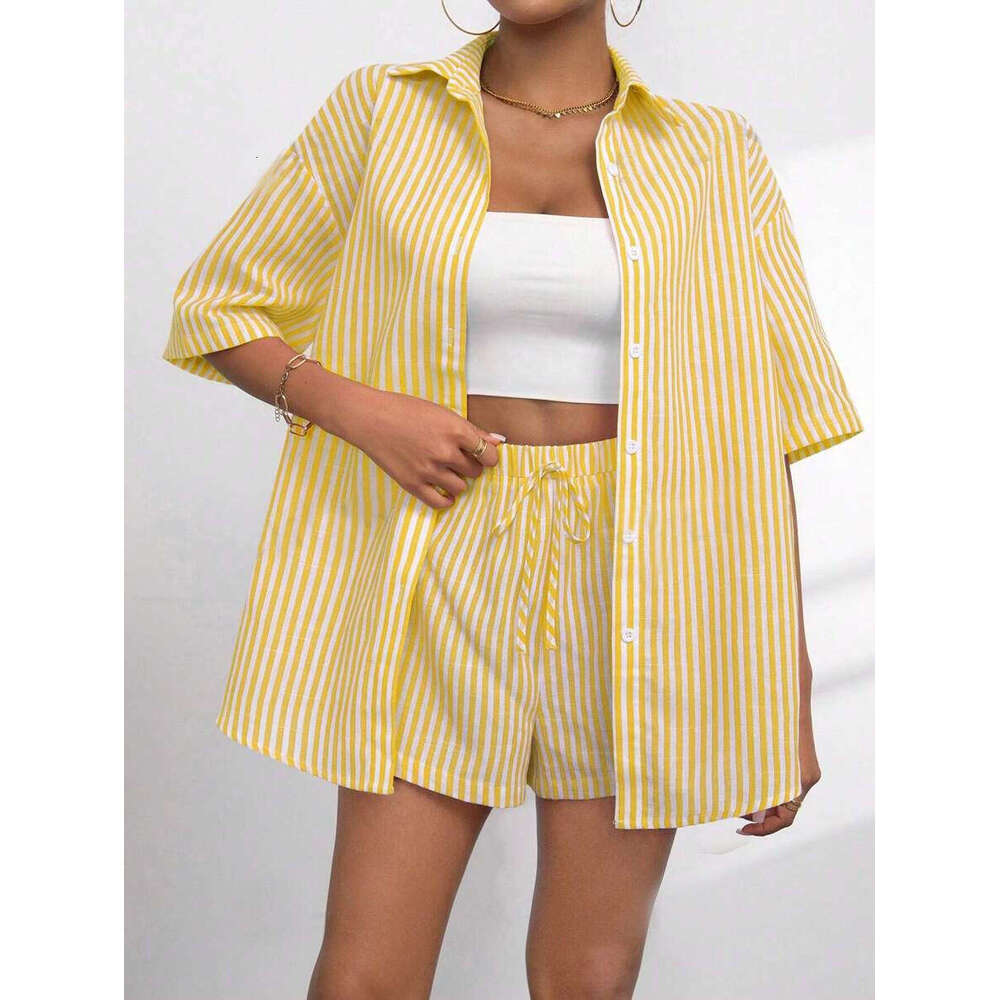 Fashion suit women's 2024 summer collar casual striped short sleeved pants, two pieces