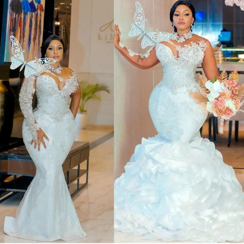 Size Plus White Mermaid Wedding Dresses With Detachable Train Gillter Long Sleeve Beaded Crystals Arabic Aso Ebi Bridal Gowns Robe De Mariee