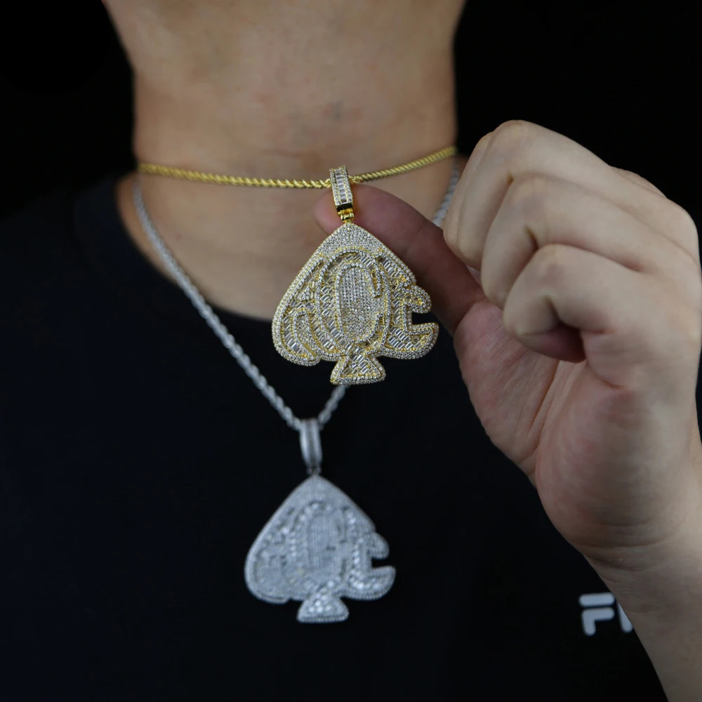 Ice Out Sparkling ACE Pendant Necklace Gold Silver 5A Zircon Heart shaped Letter Charm Mens Hip Hop Jewelry 241202
