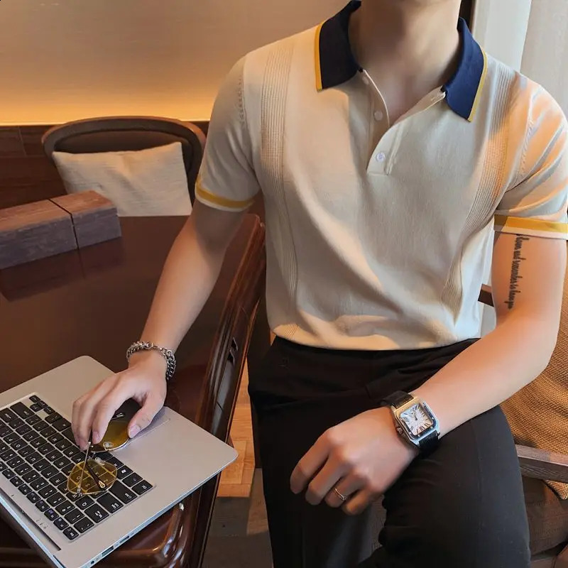 High quality Korean fashion trend panel polo shirt mens lapel button youthful and energetic casual edition short sleeved knitted top 241203