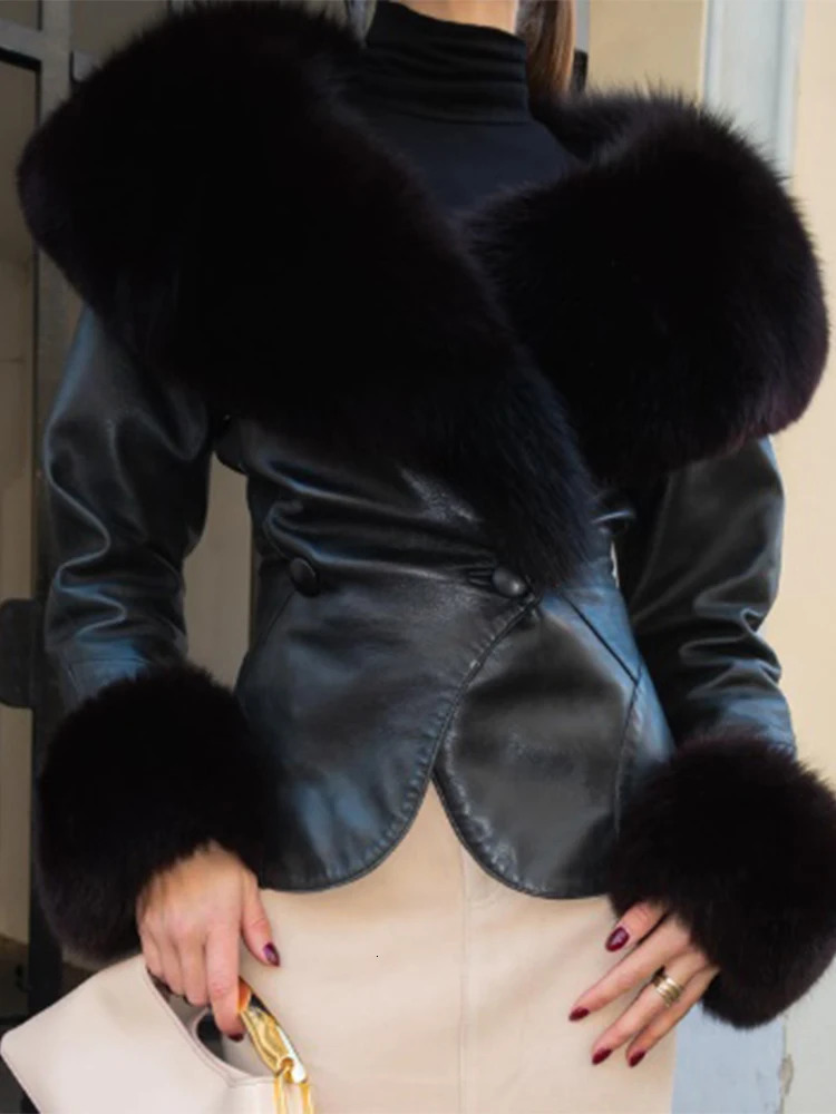 2024 Winter Buttons Black Fur Leather Splicing Coats For Women Fashion Slim Fit Lace Up Thicken Jacket Lady High Street Coat 241202
