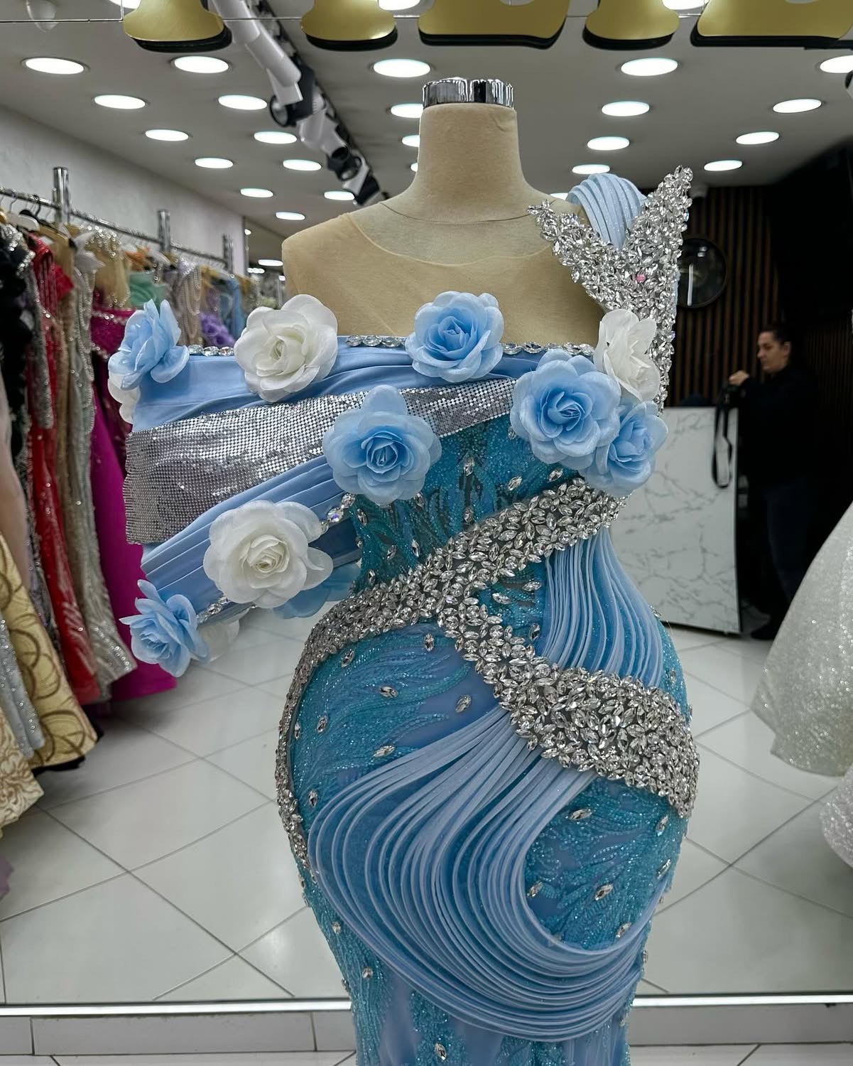 Sky Blue Mermaid Prom Dresses 2024 Rhinestones Flowers Lace Evening Formal Party Second Birthday Engagement Gowns Plus Size Dress For Special Occasion