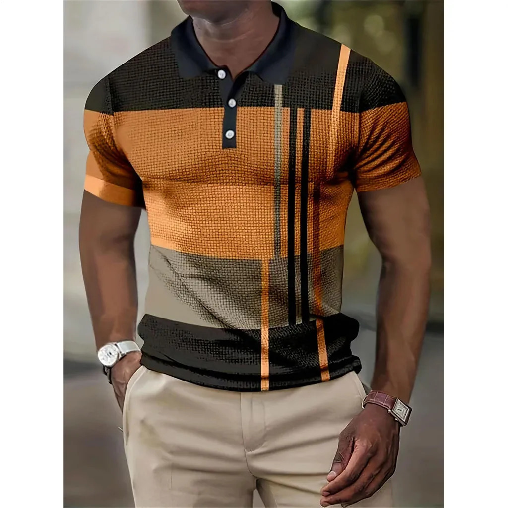 Summer Color Block Stripe 3D Printed Polo Shirt Mens Fashion Street Clothing Button Collar Short Sleeve T-shirt Top Mens Clothing 241203