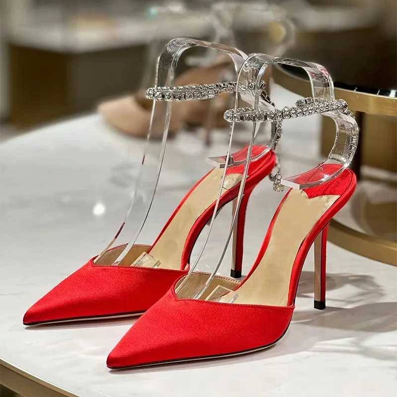 New satin pump crystal pendant word Rhine chain high H-point thin high-heeled sexy sandals wedding shoes Y250319