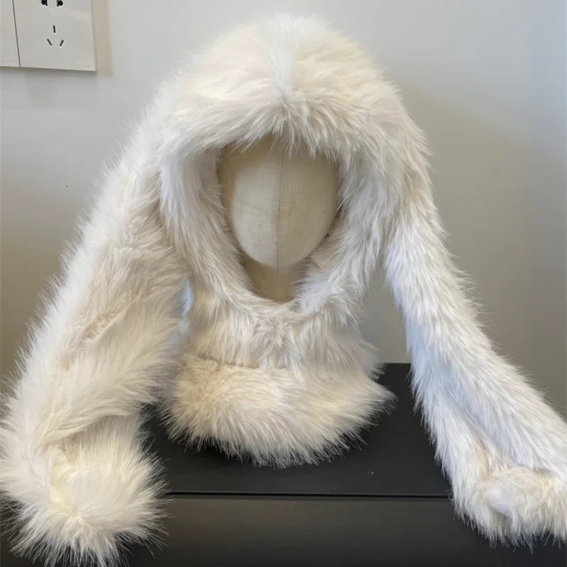 Bonnie Bunny White Plush Rabbit Ear Hat Women Winter Cute Warm Balaclava Scarf Integrated Neck Protection Neck Cover Hat Beanies 241203