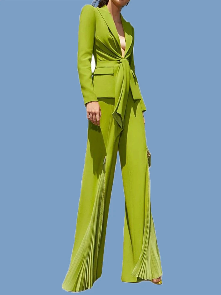 HIGH QUALITY est Fashion Suit Set Womens Lacing Belt Blazer Pleated Zip Pants Set 2pcs Set 241203