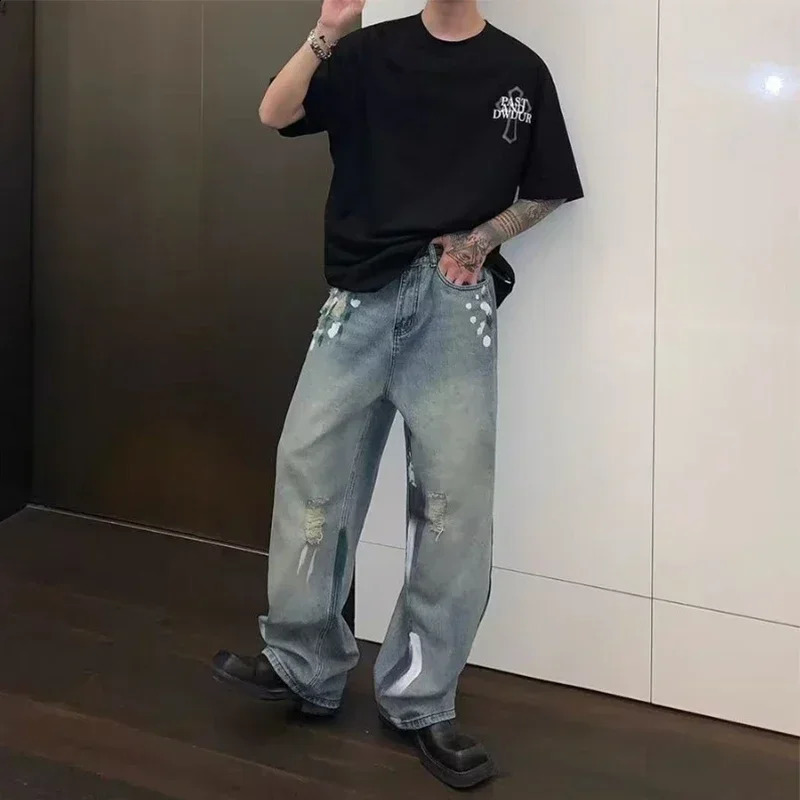 Autumn mens graffiti Y2K streetwear bag jeans hip-hop fashion tear blue jeans Trouser punk straight jeans pantalones hombre 241203