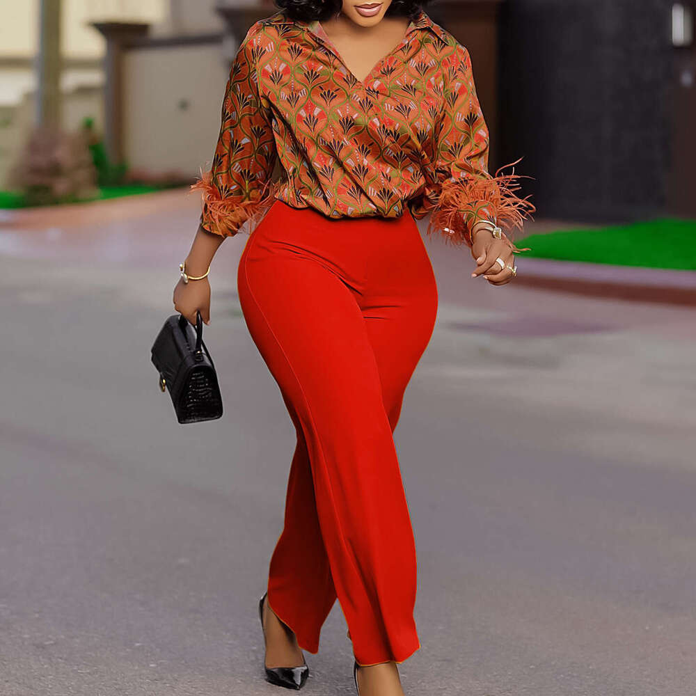 D541 women's printed long sleeved shirt with elegant temperament and wide leg pants fashion set